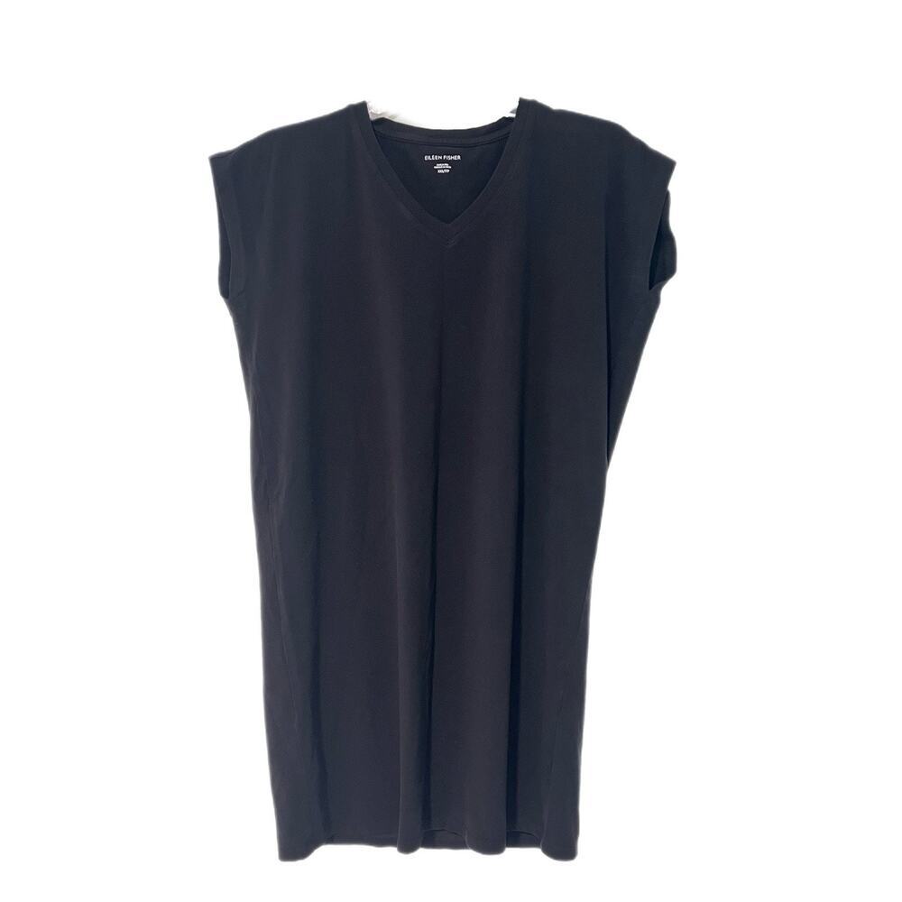 Eileen Fisher Organic Cotton V-Neck Short Sleeve Slub Dress XXS Black Minimalist